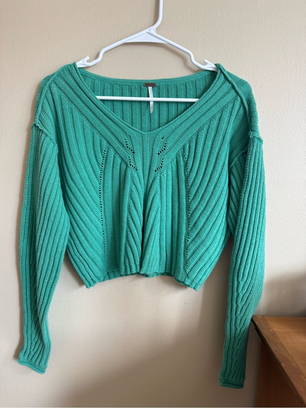 Free People Mint Green Ribbed Cropped Knit Sweater XS
